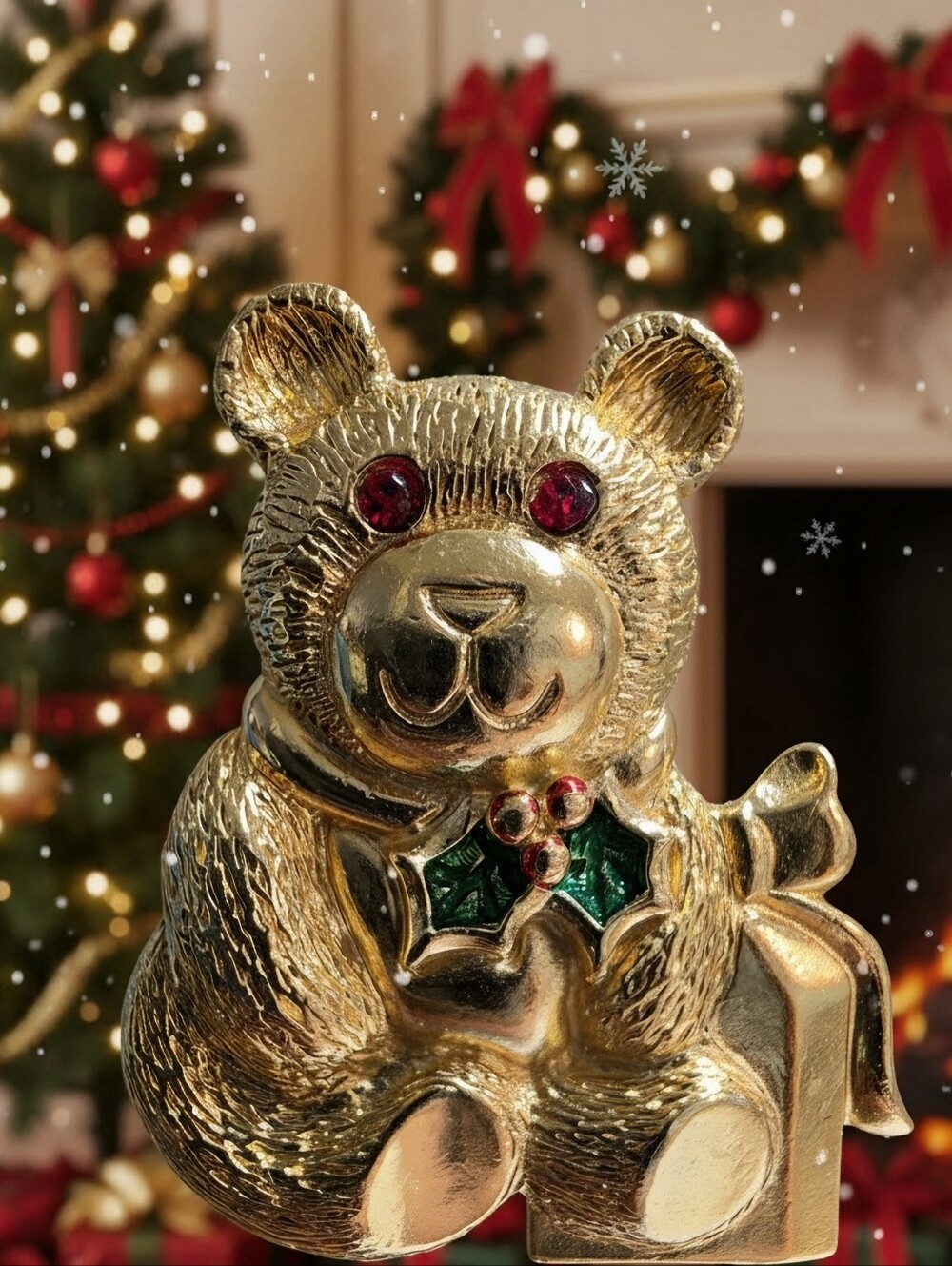Vintage GERRY'S Gold Holiday Bear Figurine with Green Holly Accent